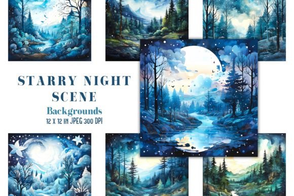 Elevate Your Projects with 12 Starry Night Watercolor Backgrounds