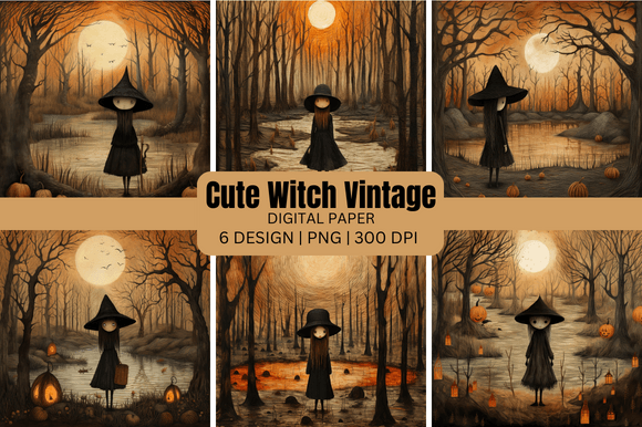 Halloween Cute Witch Vintage Backgrounds for Creative Projects