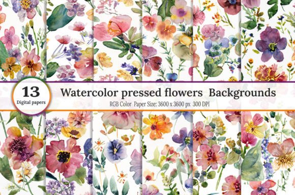 Watercolor Pressed Flowers Backgrounds for Modern Design