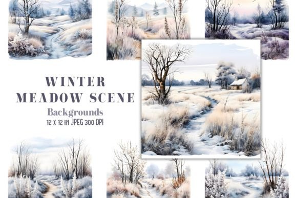 Winter Meadow Watercolor Backgrounds: 12 Designs for Every Project